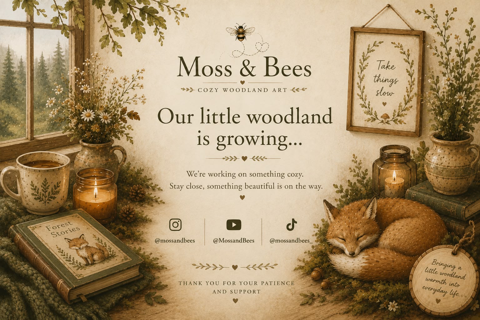 Moss & Bees - Cozy Woodland Art. Nuestro pequeño bosque está creciendo.